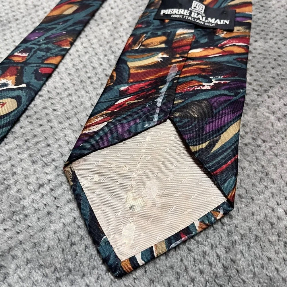 Pierre Balmain Paris Mens Silk Tie Abstract Painterly Print Teal Burgundy Gold